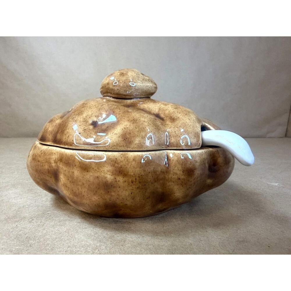 Vintage Atlantic Mold Ceramic Baked Potato Sour Cream Dish with Lid & Spoon 70s